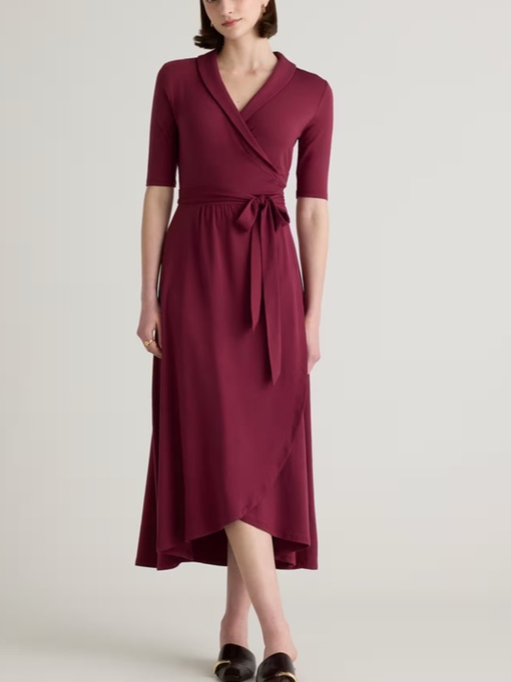 Quince Tencel Jersey Midi Wrap Dress Wine Red XS New With Tags Asymmetrical Hem - Picture 8 of 10